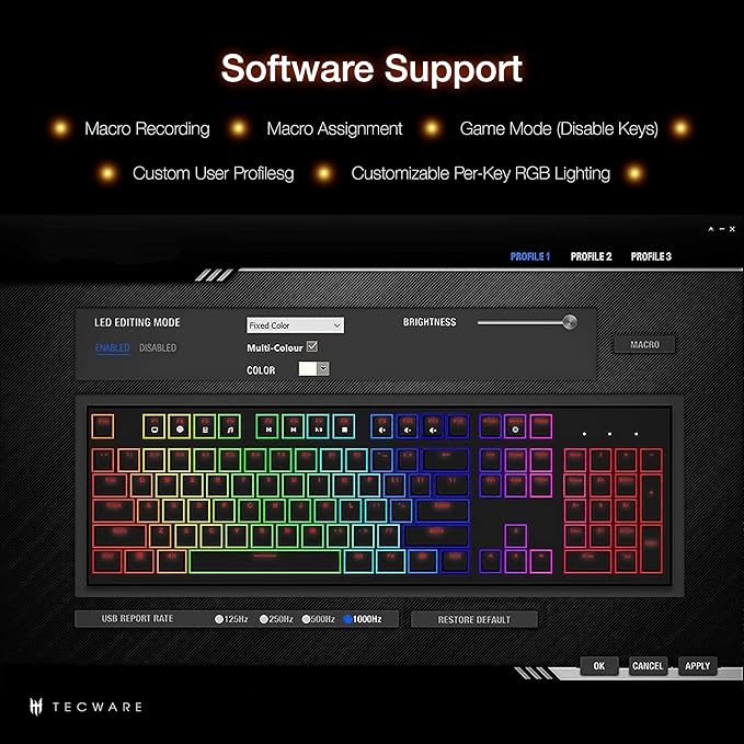 TECWARE Phantom+ Elite 87 Key RGB Mechanical Gaming Keyboard | 3 Mode Wireless Bluetooth 5.0 2.4GHz & USB C Wired | Hot Swappable 5 Pin | Double Shot PBT Keycaps | Wraith Red Switch - Black