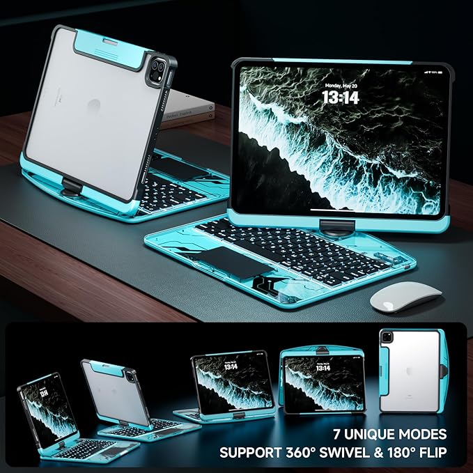 Transparent Case with Keyboard for iPad Air 13 Inch (M4/M3/M2, 2026/2025/2024), iPad Pro 12.9 Inch (6/5/4/3 Gen),7-Color Backlit,Magic wireless Keyboard, 360°Rotating,with trackpad,Pencil Holder,blue