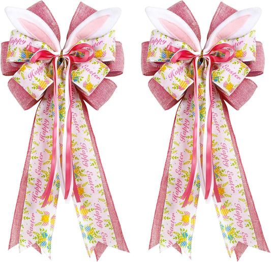Skiennix Easter Bunny Ear Bows - Large 11"x20" Pink Burlap Decorative Bow for Spring Holiday Decor