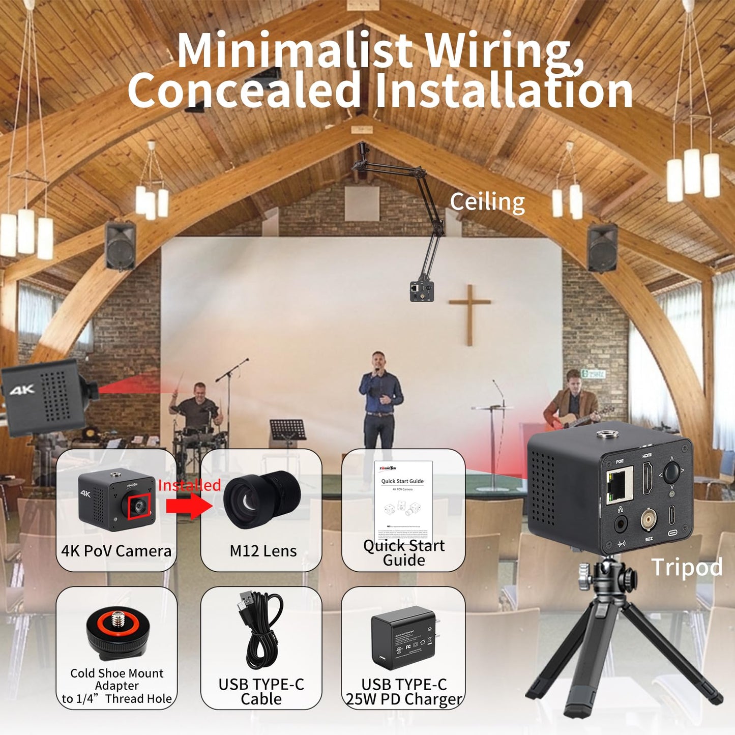 zowietek 4K POV Box Camera PoE, ZowieCAM, SDI & HDMI & UVC Output, Standalone RTSP/RTMP(s)/SRT Live Streaming, Ultra-Compact, Interchangeable Lens, PC/Mobile Phone/Tablet Control (M12)