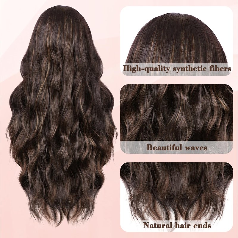 NAYOO Long Dark Brown Mixed Chestnut Wavy Wig for Women 26 Inch Middle Part Lace Hairline Curly Wavy Wig Natural Looking Synthetic Heat Resistant Fiber Wig for Daily Party Use