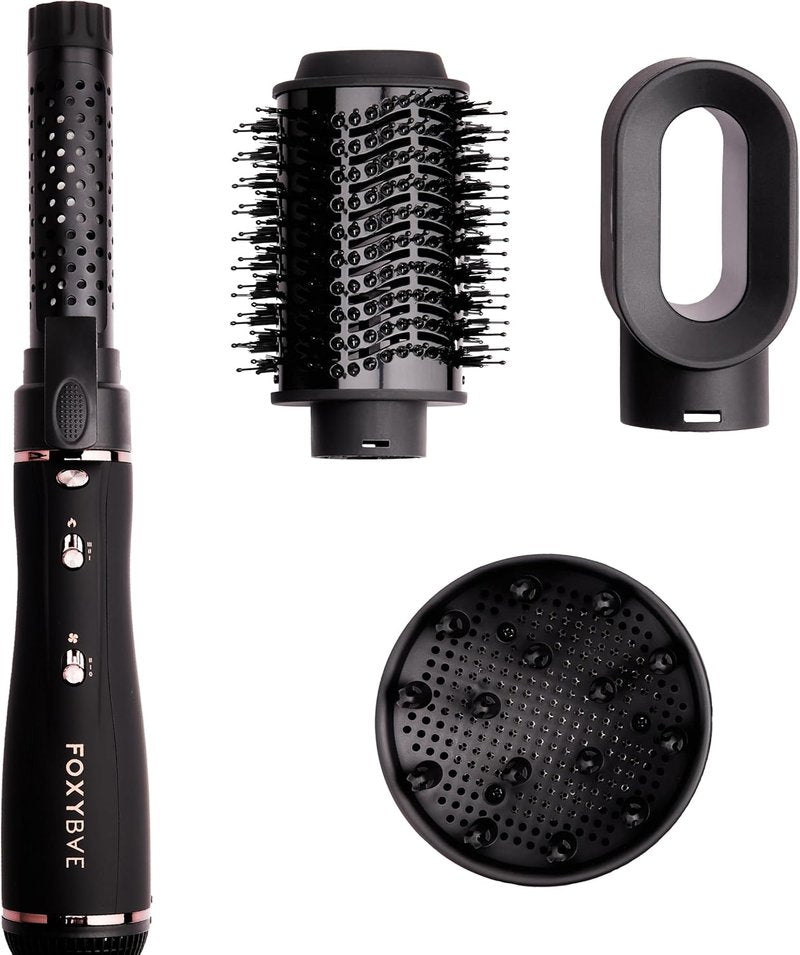 Foxybae 4-in-1 Blow-Dryer Brush Set - Curling Barrel & Diffuser for Frizz-Free Hair | Black Rose-Gold