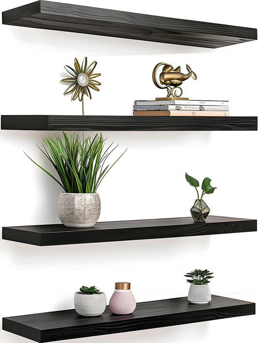 YFYEO Black Wood Floating Shelves for Wall Rustic Wall Shelf for Bedroom Living Room Set of 4