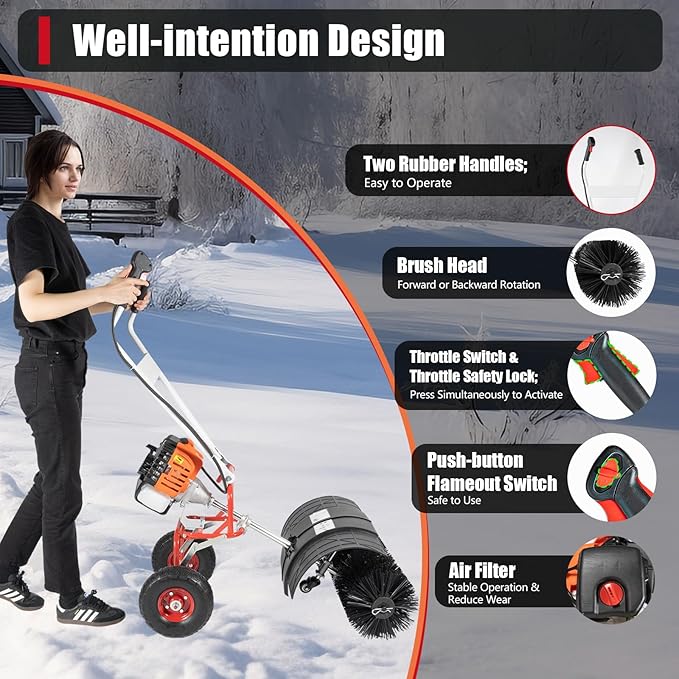 52CC Walk Behind Power Sweeper Broom, 2-Stroke 2.5HP Single-Cylinder Air-Cooling Gas Power Sweeper Snowplow Broom Driveway Lawns Artificial Grass Power Brush Lawn Sweeper Cleaner Tools for Sidewalk