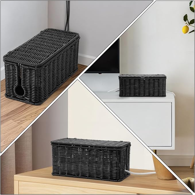ZhiYo Rattan Cable Management Box, Black Desk Cord Organizer, 2 Pack (M&L)