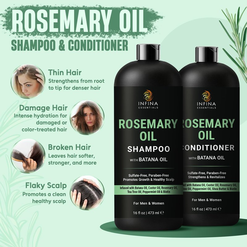 INFINA ESSENTIALS Rosemary Oil Shampoo and Conditioner Set | 16 fl oz Each | with Batana Oil & Biotin | Sulfate-Free Thickening Formula for Thinning Hair | For Men & Women
