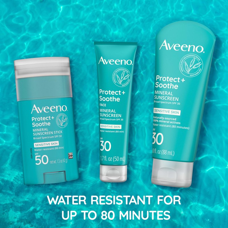 Aveeno Protect + Soothe Mineral Sunscreen Stick for Sensitive Skin, SPF 50, Water-Resistant for 80 minutes, Face & Body Sunscreen with Zinc Oxide & Oat, Fragrance-Free, Travel Size, 1.5 OZ