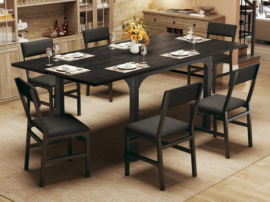 Skiennix 7-Piece Dining Table Set - Extendable Rectangle Table with 6 Cushioned Chairs - Black