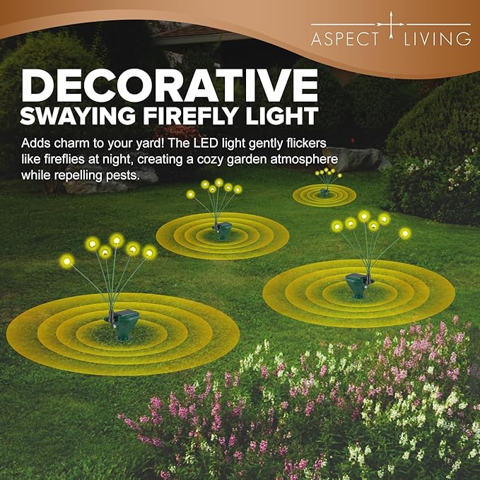 4 Pack Solar Mole Repellent Stakes for Lawn - Gopher Deterrent with Firefly LED Lights, Waterproof Outdoor Pest Control for Voles, Groundhogs, Snakes - Humane Pet Safe Solution
