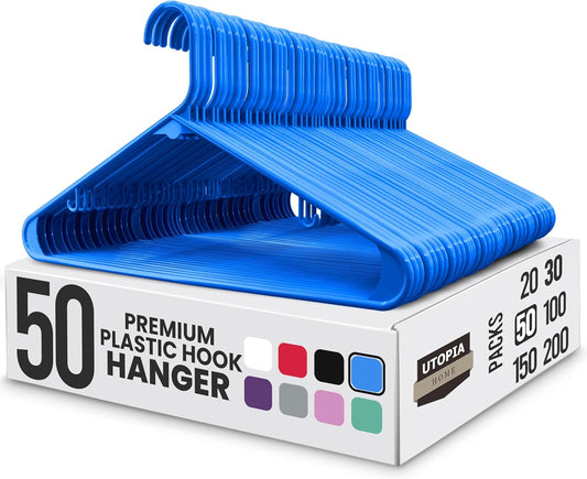 Utopia Home Plastic Hangers 50 Pack - Durable Space-Saving Closet Organizers - Ideal for Shirts, Pants, Skirts & Coats (Blue)