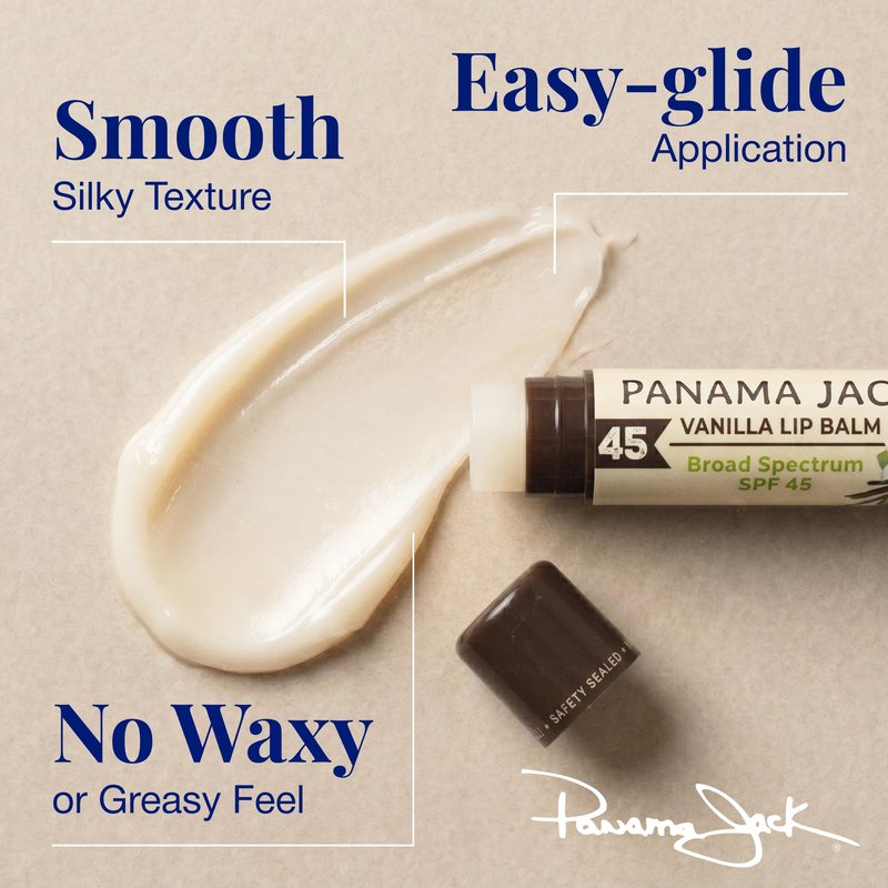 Panama Jack Sunscreen Lip Balm - SPF 45, Broad Spectrum UVA-UVB Sunscreen Protection, Prevents & Soothes Dry, Chapped Lips, Vanilla, 7-pack