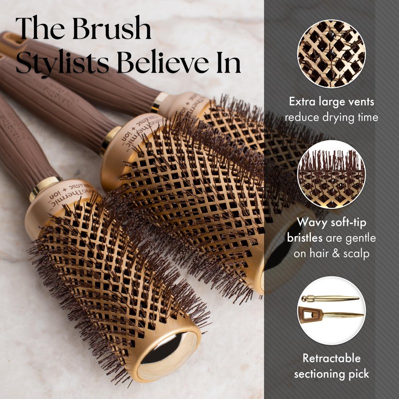 Olivia Garden NanoThermic Ceramic + Ion Round Thermal Hair Brush - Not Electrical - Professional Blowout Brush for Normal to Thick Hair, NT-DL03 3 Piece