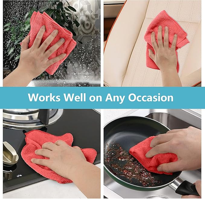 HOMEXCEL Microfiber Cleaning Cloth, Premium Microfiber Towels for Cars, Lint Free, Scratch-Free, Highly Absorbent, Reusable Cleaning Rags for Car, Household, Kitchen, Window(Red,100)