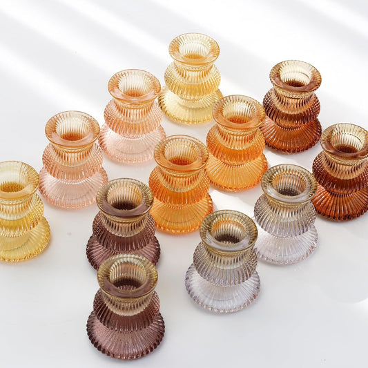 WDHODEC Orange Candlestick Holders - 12PCS Colorful Gradient Glass Taper Holders for Weddings & Parties