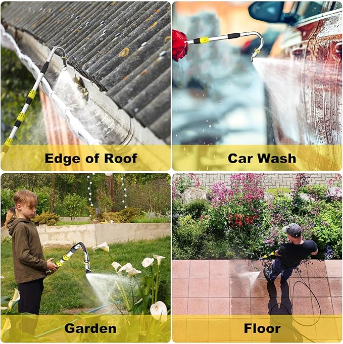 Buyplus 16FT(24FT Reach) Telescopic Gutter Cleaning Tools from The Ground, Rain Gutter Cleaners Tool with 360Â°Rotatable Metal Nozzle, Extension Pole, Hose Attachment, Watering Wand for Garden Hose