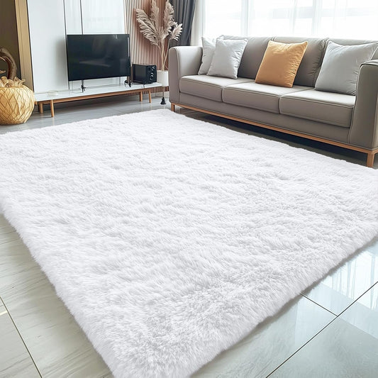 OLANLY 5x5 Area Rug - Soft, Fluffy Shaggy Design for Living Room & Bedroom | Machine Washable, White