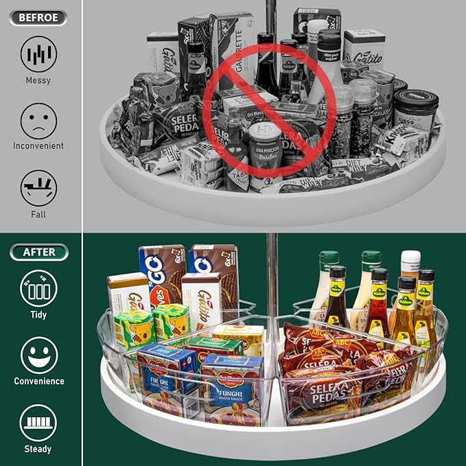 Lazy Susan Cabinet Organizer Bins for 26"/ 28"/ 32" Diameter Corner Organizer, Plastic Cabinet Storage Bin, 1/8 Wedge - Food Safe, BPA Free, with Non-Slip Pads (for 28" Diameter, 4 Pack)