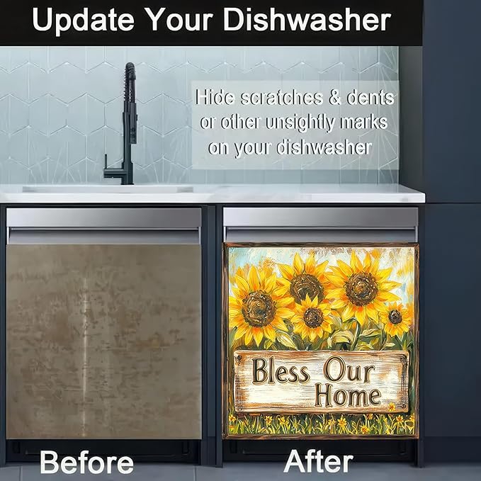 Dishwasher Magnet Cover Sunflower Vintage Wood Grain Dishwasher Magnet Decoration Flower Sunflower Dishwasher Magnet Decorative for Spring Summer Kitchen Refrigerator Cover 23x26 Inch