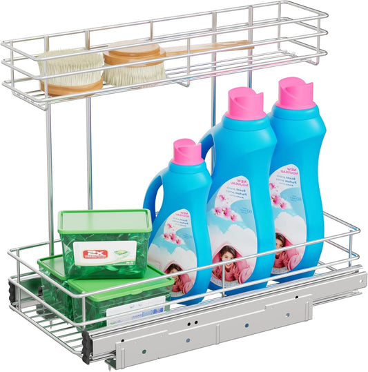 Under Sink Organizer - 2-Tier Pull-Out Cabinet Organizer | Chrome Plated, 9"W x 18.5"D for Kitchen & Bathroom
