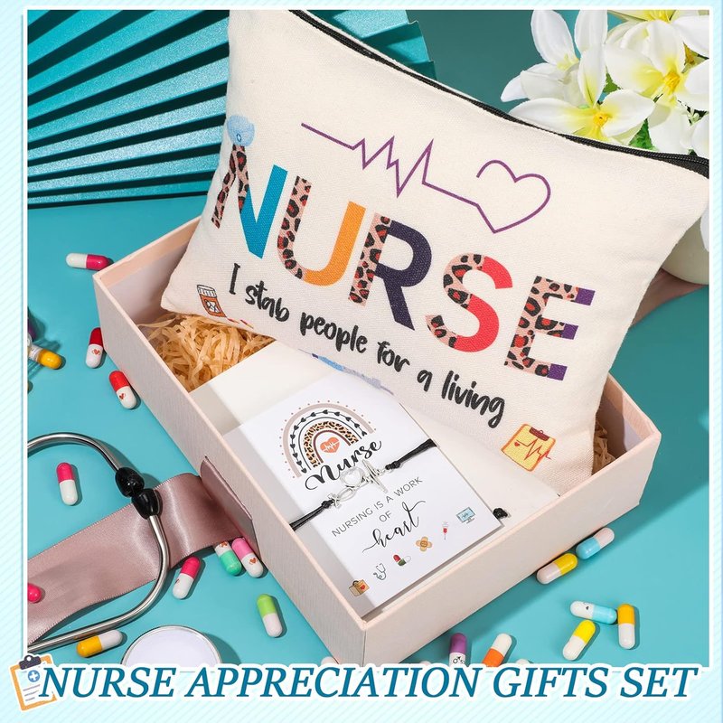 Nurse Appreciation Gift Set - 32 Pcs Canvas Makeup Bags & Blessing Card Bracelets | Perfect for Nurse Week & Christmas