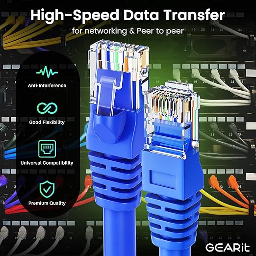 GEARit Cat 6 Ethernet Patch Cable 75 ft Blue (5 Pack) - Cat6 Patch Cables 75ft Blue/Ethernet Patch Cable, 10Gbps 550MHz 24AWG Pure Copper, Snagless, Gold Plated RJ45 for Router, Server, Router, PC