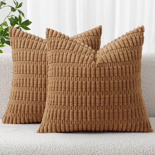 MIULEE Corduroy Throw Pillow Covers - Soft Boho Striped Design | 18x18 Inch, Brown, Perfect for Home Decor