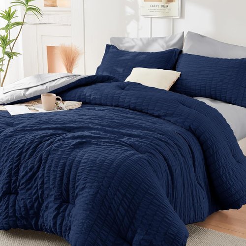 HYMOKEGE Queen Comforter Set - Luxury 7-Piece Bedding in Navy Blue & Light Grey | All-Season Seersucker Design