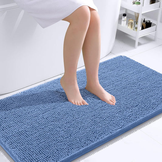 OLANLY Bathroom Runner Rugs - Soft Chenille Bath Mats with Rubber Backing | Quick Dry, Machine Washable, 44x24, Cornflower Blue