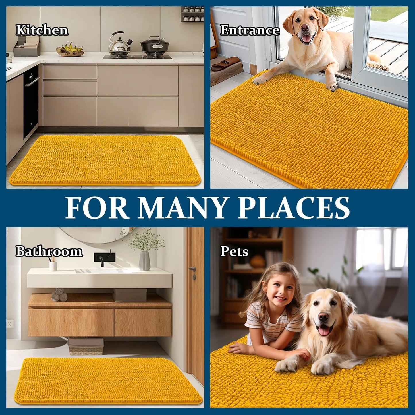 OLANLY Dog Door Mat - Absorbent Non-Slip Washable Chenille Mat for Muddy Paws | 40x24, Golden Yellow