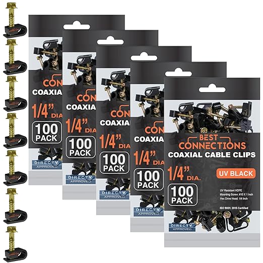 Best Connections Coaxial Cable Clips with Pre-Inserted Screw 1/4" inch (500 Pack) – Black Single Mounting Clamps for Coax (RG6, RG59) and Ethernet Cables – Cord Fasteners/Strain Relief Clip