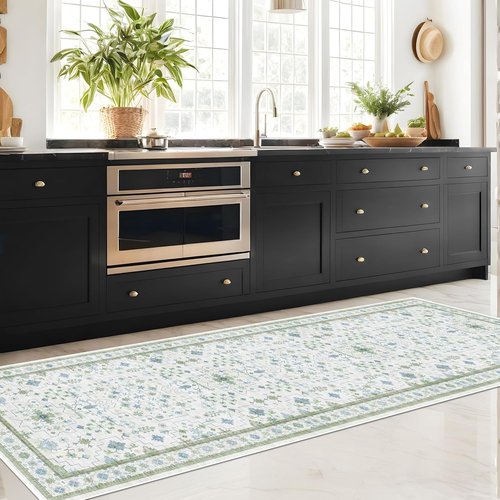 Hazo Haus Oushak Runner Rug - Floral Pastel Boho Design, Washable Low Pile, 2x10 ft - Cream, Blue & Green