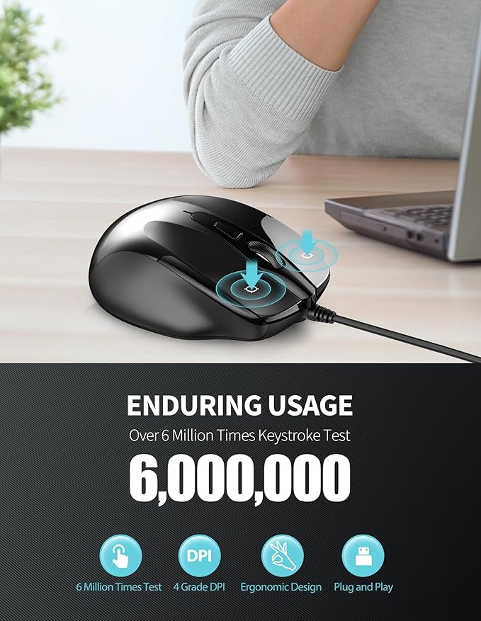 TECKNET USB Wired Mouse, 6-Button Corded Mouse with 2 Adjustable DPI, Optical Computer Mouse with Ergonomic Design and 5FT Cord for Laptop, Chromebook, PC, Desktop, Mac, Notebook-Black