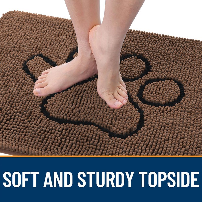 OLANLY Dog Door Mat for Muddy Paws 36x24, Paw Print Design, Absorbs Moisture and Dirt, Absorbent Non-Slip Washable Doormat, Quick Dry Chenille Mud Mat for Dogs, Entry Indoor Entryway Carpet, Mocha