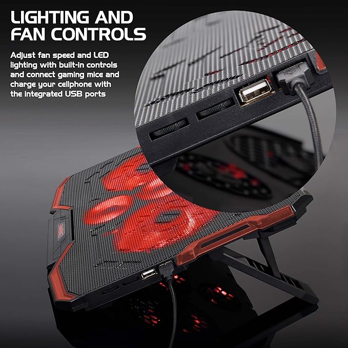Enhance Cryogen Gaming Laptop Cooling Pad - Fits 17 in. Computer, PS4 - Adjustable Laptop Cooling Stand with 5 Quiet Cooler Fans, 2 USB Ports and LED Lighting - Slim Portable Design 2500 RPM (Red)
