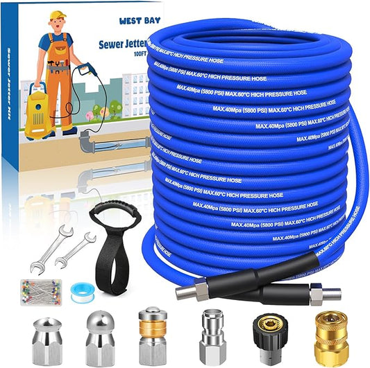 Sewer Jetter Kit 100 FT for Pressure Washer, 5800 PSI Drain Cleaner Hose 1/4 Inch NPT Corner Rotating and Button Nose Sewer Jetting Nozzle Spanner WatertightTape Pearl Corsage Pin(Blue)