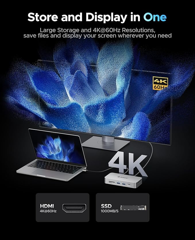 ORICO 2 TB External SSD Docking Station, SSD Expansion + Hub Extension, Up to1000MB/s, 10-in-1 USB C HUB with Internal SSD, Support 4K@60Hz HDMI Display, 100W PD, Ethernet, SD/TF, Mac mini - SJ10