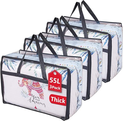 Clear Clothes Storage Bag Organizer - Reinforced Handle Vinyl Totes for Comforters & Bedding | 3 Pack, 55L, Black