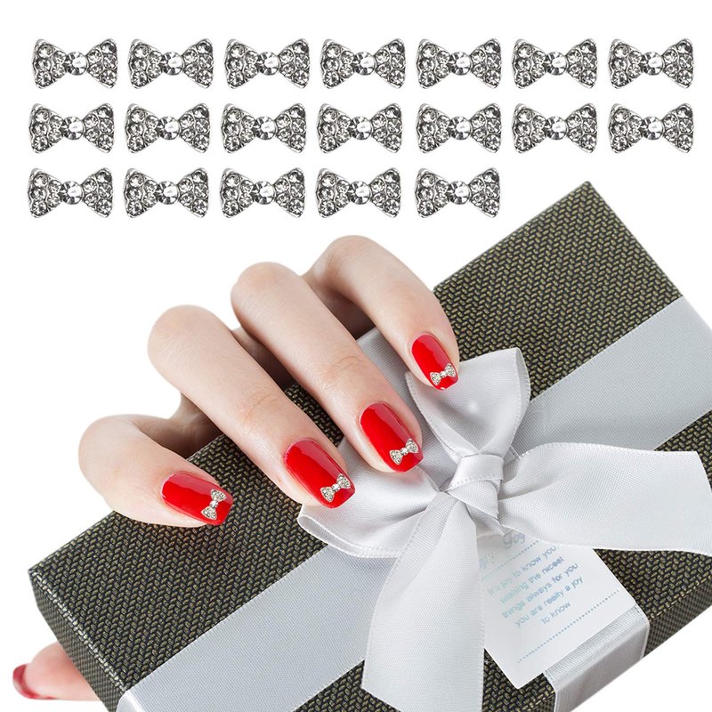 AUEAR, 40 Pack Nail Bows Charms Rhinestones Charming 3D Nail Art Charms Bow Tie Crystal Pendant Decals DIY Decoration for Women Beauty Design Jewelry Craft, Silver