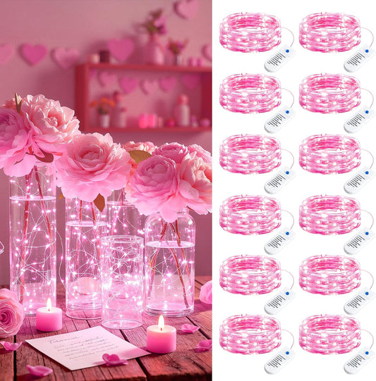 Minetom 12 Pack Pink Christmas Lights | 7ft 20 LED Battery Operated Fairy Lights for Valentine's Day Decor