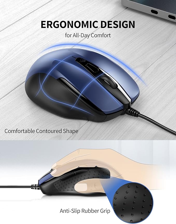 TECKNET USB Wired Mouse, 6-Button Corded Mouse with 2 Adjustable DPI, Optical Computer Mouse with Ergonomic Design and 5FT Cord for Laptop, Chromebook, PC, Desktop, Mac, Notebook-Blue