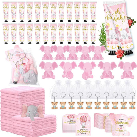 Pink Elephant Baby Shower Favors - 168 Pcs Hand Cream, Towels, Soaps & Keychains | Organza Bags & Thank You Tags