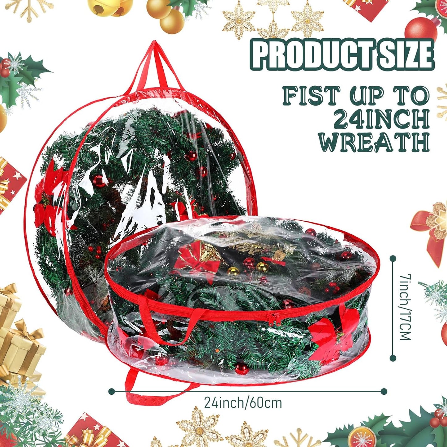 Shappy 24-Inch Clear Christmas Wreath Storage Bag - Durable Plastic with Dual Zippers & Reinforced Handles | Red