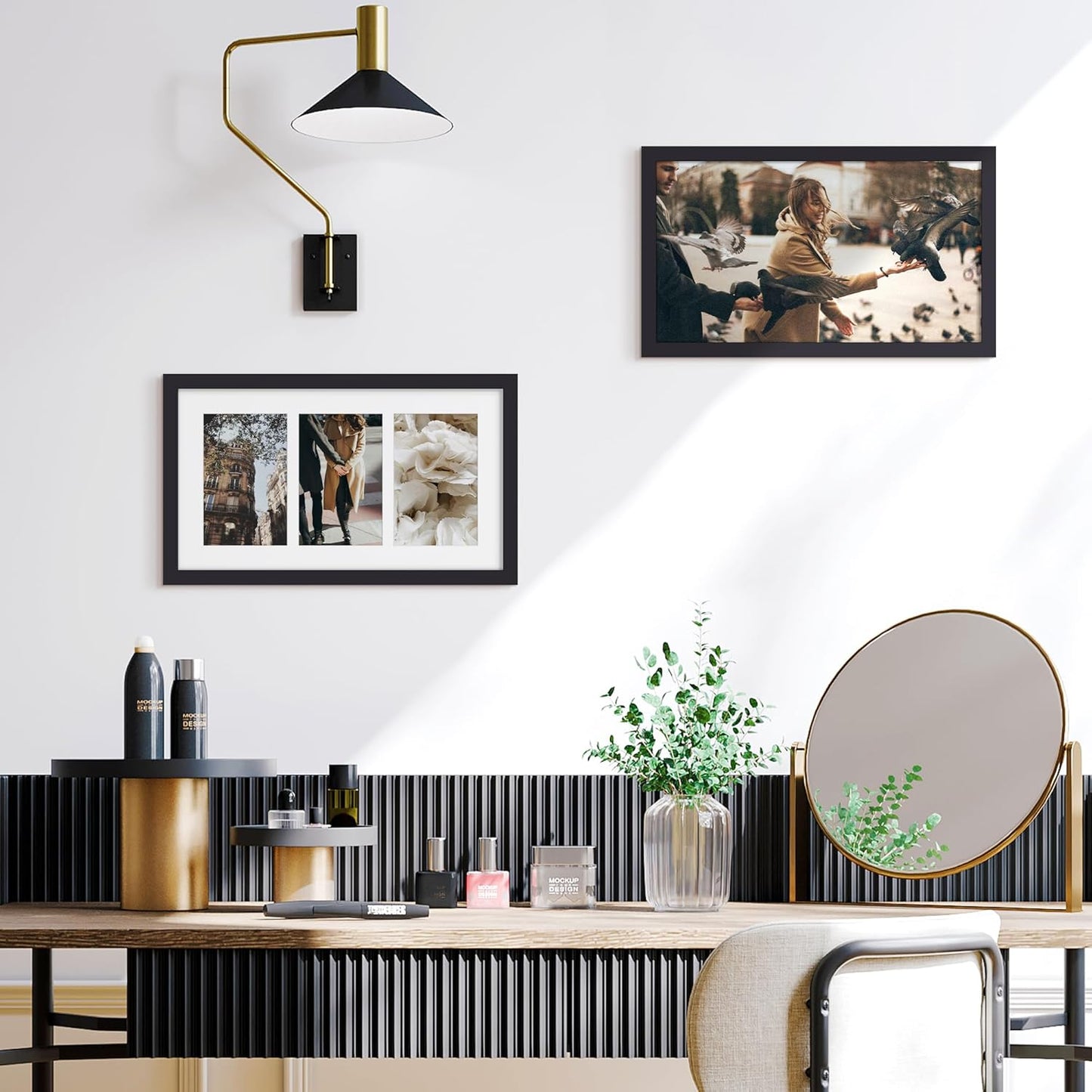 Upsimples 8x14 Collage Picture Frame - Display 3 Photos (4x6) with or Without Mat, Black Wall Decor