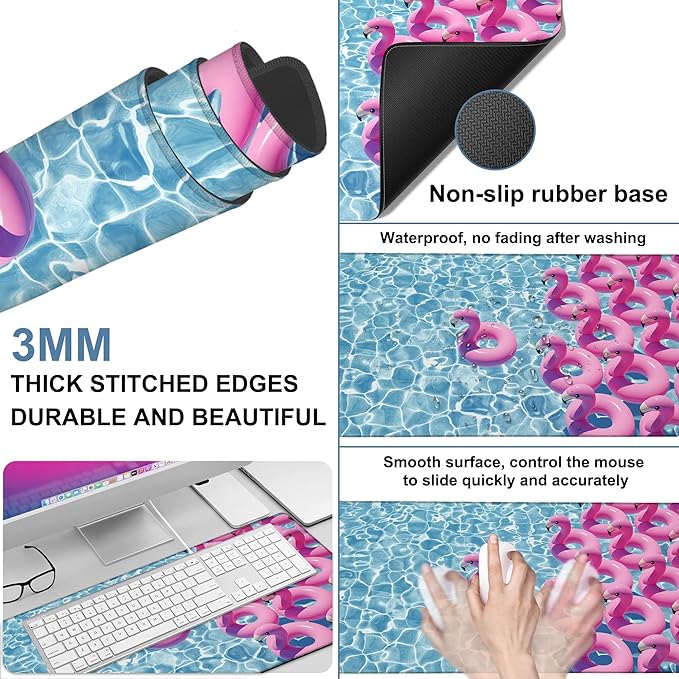 NITAHHHY Gaming Desk Pad Large Extra Length Pink Flamingos Mouse Pad Keyboard Laptop Non-Slip Waterproof with Rubber Base Thick Stitched Edge Mouse Mat for Office Home 35.4 x 15.7 Inches