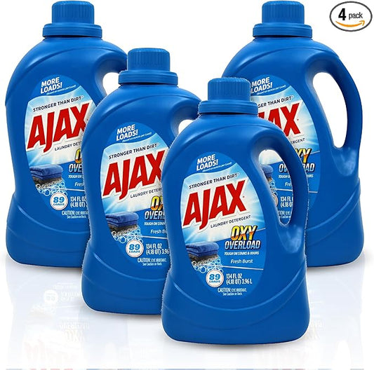 Ajax Oxy Overload Liquid Laundry Detergent, 134oz (Pack of 4) â Totally Awesome Cleaner with Deep Cleaning, Stain & Odor Removing power, HE Compatible, 178 Loads, Fresh Burst Scent