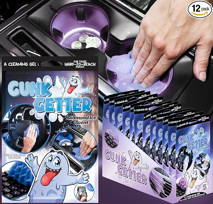 Gunk Getter Car Cleaning Gel 12 Pack for Those Hard to Reach Places, Automotive Cup Holder Electronic Keyboard Office, Slime Gel Cleaner Dust Crumb Removal (Diamond Ice, 12 Pack)