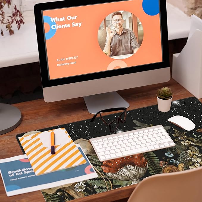 Eflxamz Large Gaming Mouse Pad for Desk,Cute Forest Mushroom Desk Mat,Starry Night Mushroom Desk Pad,Extended Big Computer Keyboard Mouse Pad with Non-Slip Base and Stitched Edge,35.4"x15.7"