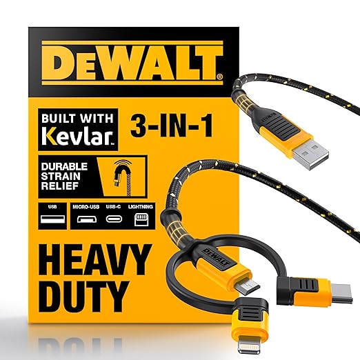 DEWALT Heavy Duty 3 in 1 Multi Charging Cord, 6ft Fast Charger Cord, Multi Charger Adapter with Lightning/Type C/Micro USB Port for iPhones/Samsung Galaxy/PS/Tablets/More