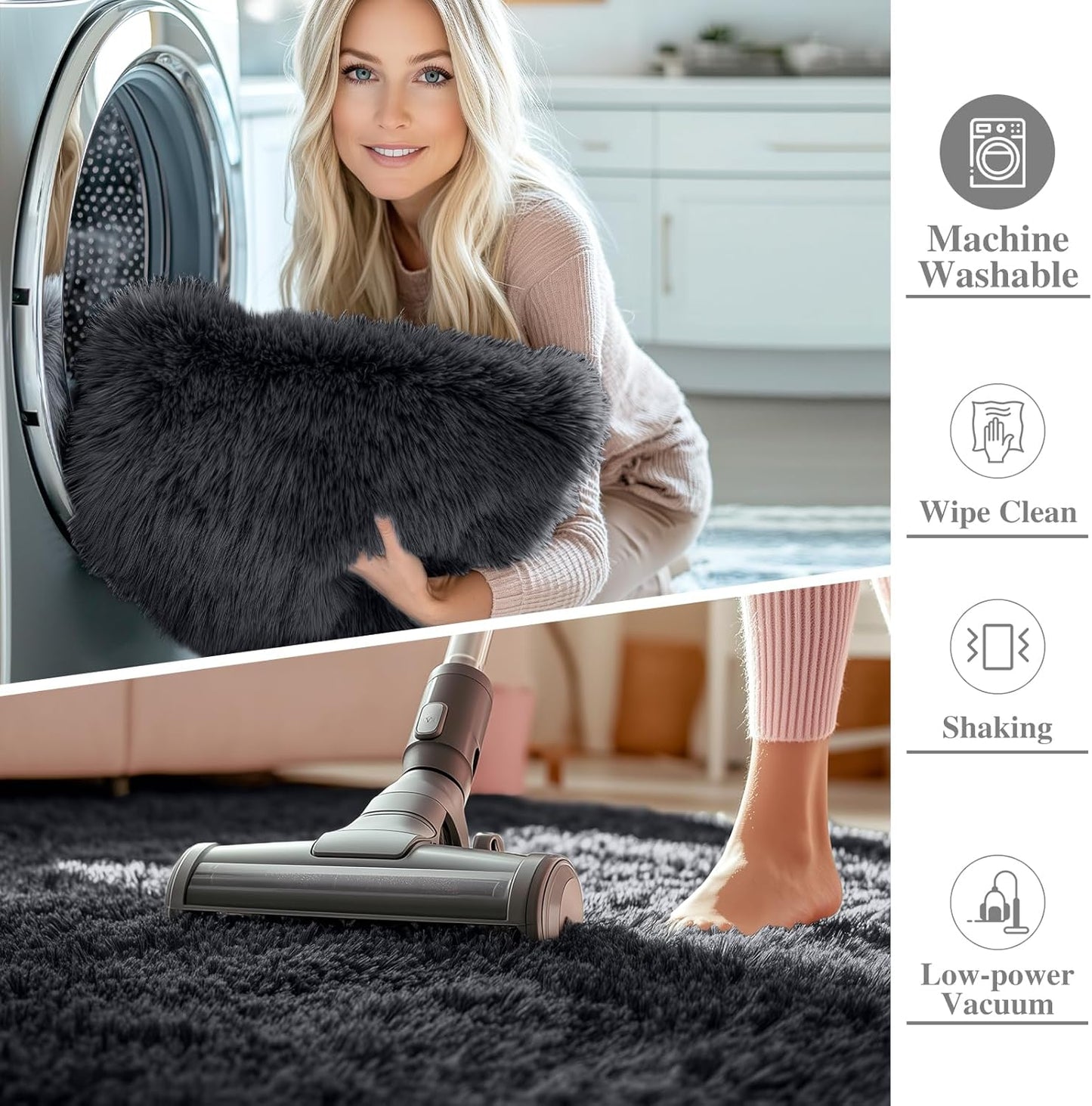 OLANLY Black Round Area Rug - Soft, Fluffy, Machine Washable 9 ft Circle Carpet for Bedroom & Living Room Decor