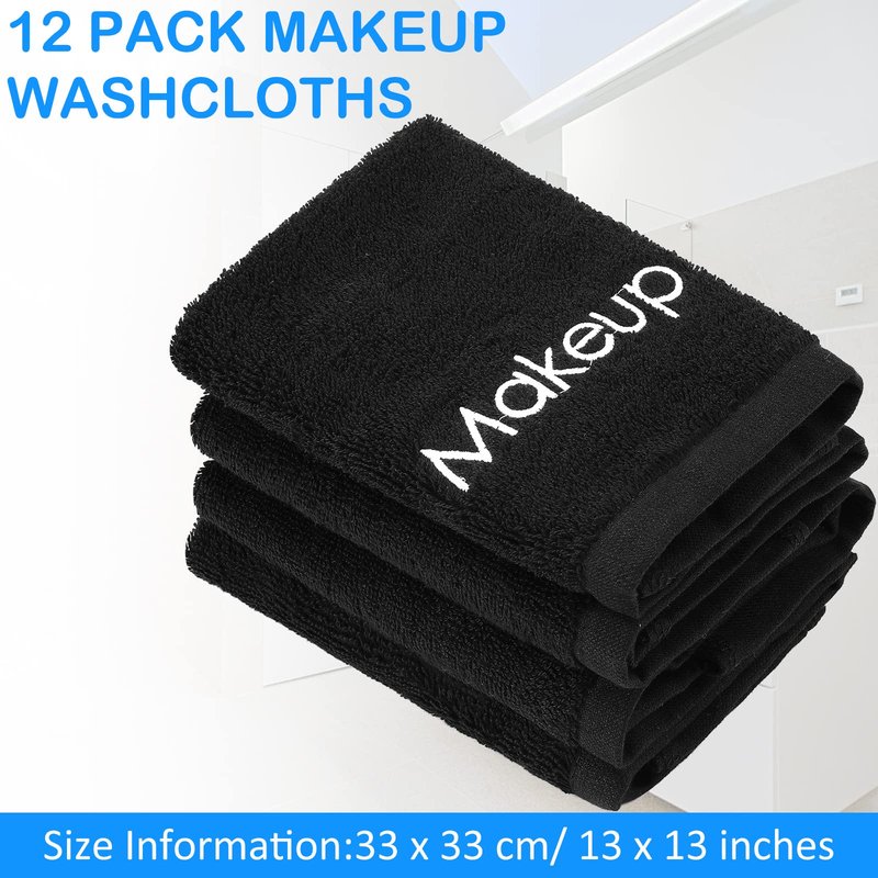 Panelee 12 Pcs Makeup Washcloths Bulk 13 Inch Black Makeup Towels Cotton Face Wash Cloths Facial Remover Cleansing Towels Cosmetic Water Absorbent for Women Hand Skin Care(12 Pcs)
